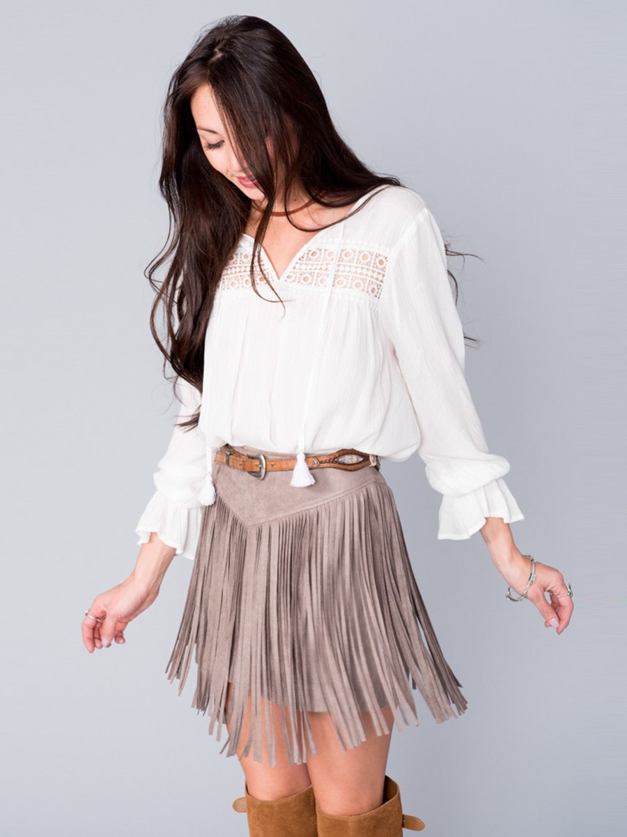 Show Me Your Mumu Rancho Fringe Skirt Taupe Faux Suede Vegan Scene